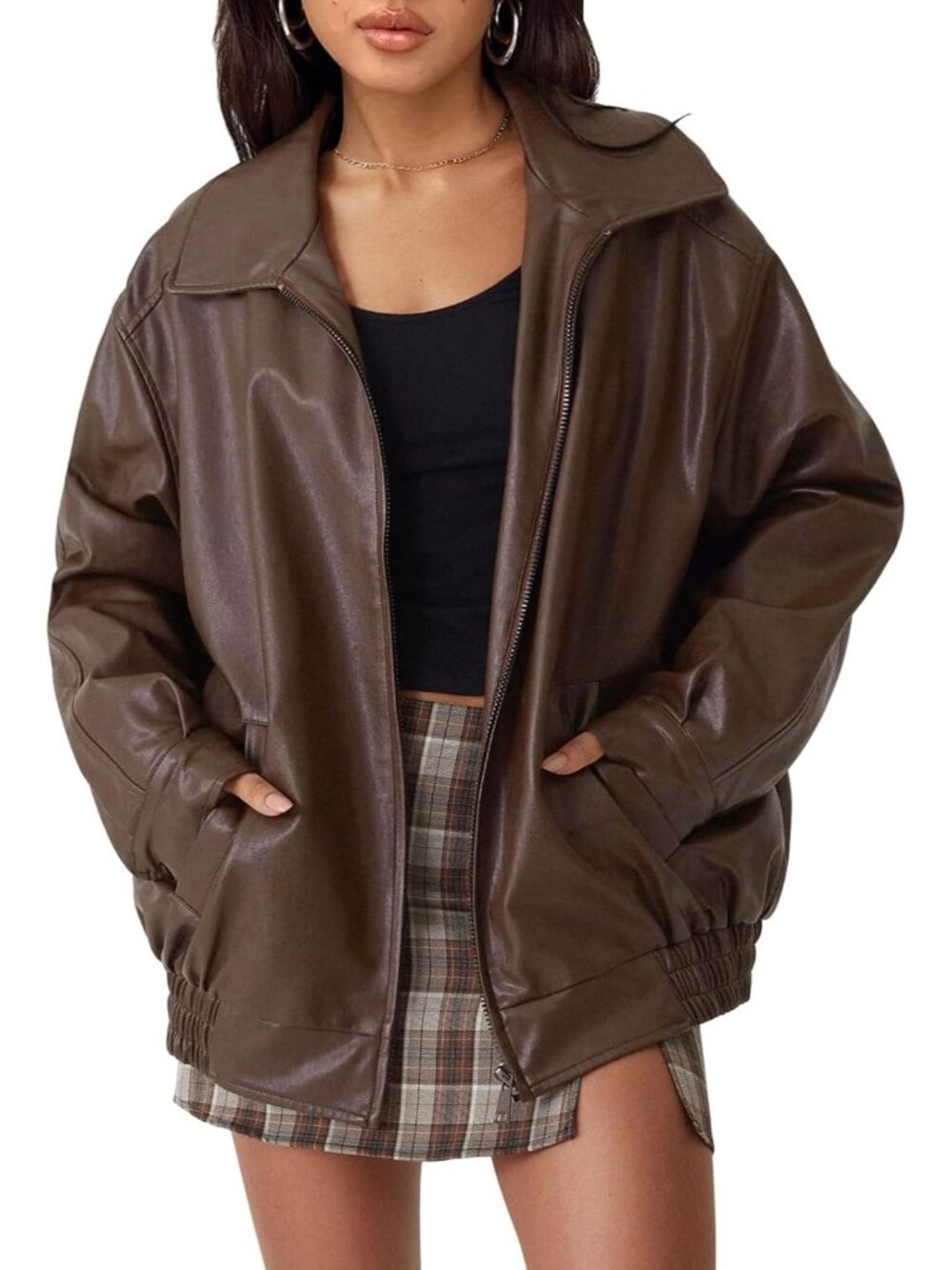 Women's Brown Oversized Faux Leather Winter Medium Weight Fall Bomber Jackets